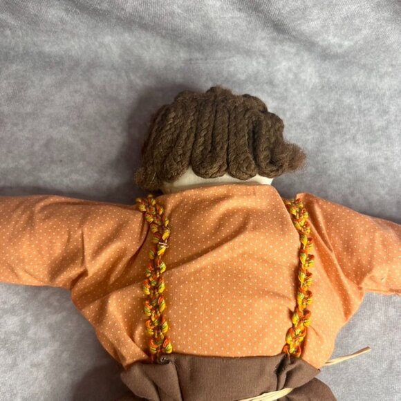 VTG Handmade Rag Doll Orange Dot Shirt Suspenders Toy Slingshot in Rear Pocket - Picture 8 of 9
